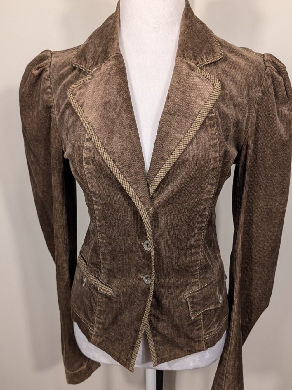 Plein Sud Jeans Y2K Brown Corduroy Blazer Puff Sleeve Plaid Trim | Sz S